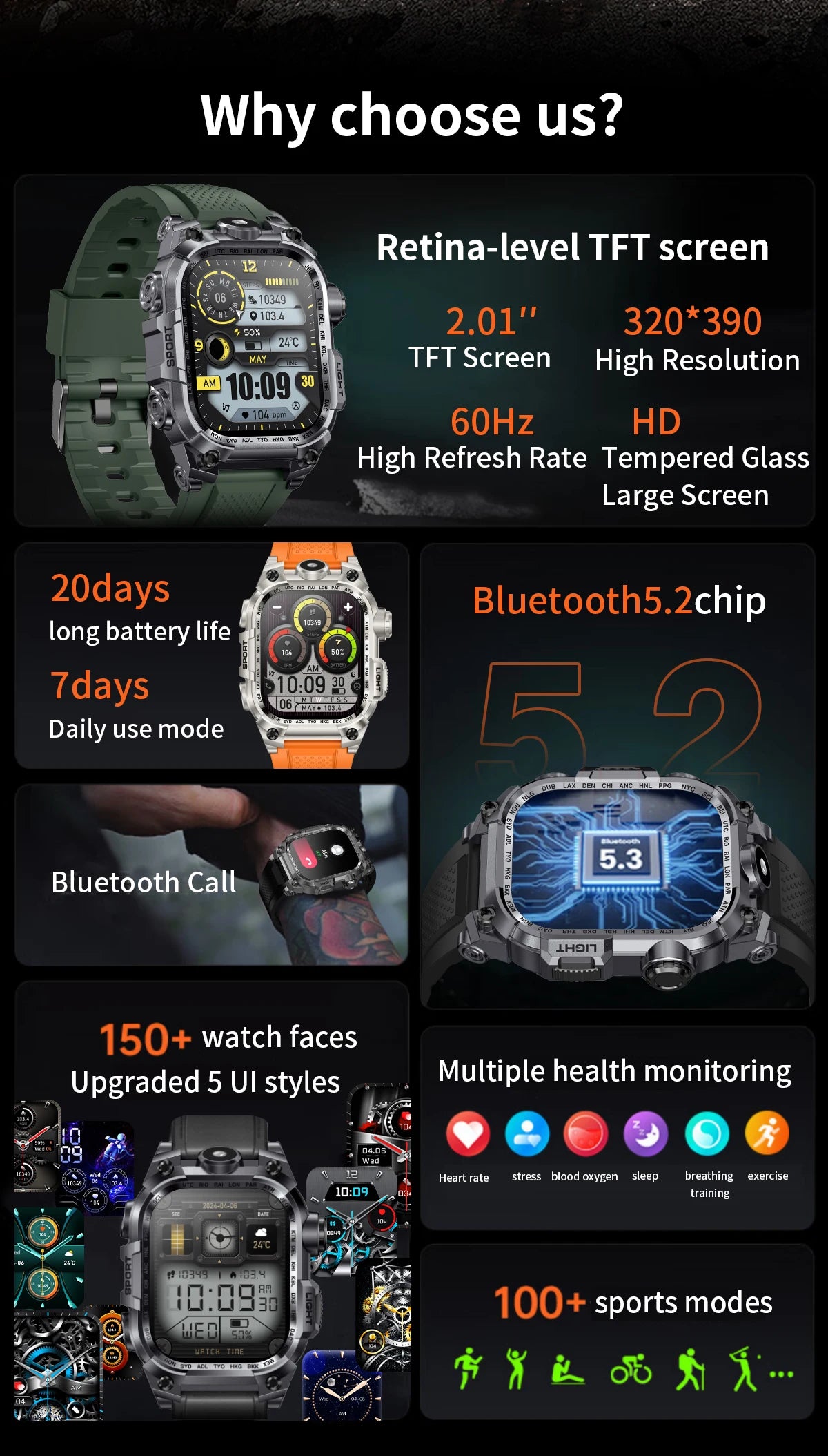 REVE100 New Smart Watch 2.01-inch TFT Screen 320 * 390 Resolution 650mAh Battery Heart Rate and Blood Pressure Monitoring Watch